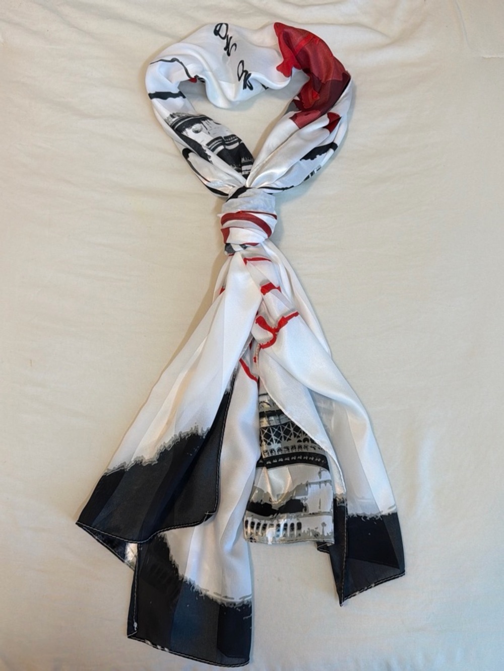 Paris Eiffel Tower Red Rose Long Satin Scarf 68.5” x 21”